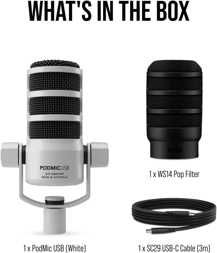 میکروفون داینامیک برای پادکست، استریم و تولید محتوا RØDE با اتصال XLR و USB مدل PodMic USB سفید میکروفون داینامیک برای پادکست، استریم و تولید محتوا RØDE با اتصال XLR و USB مدل PodMic USB سفید