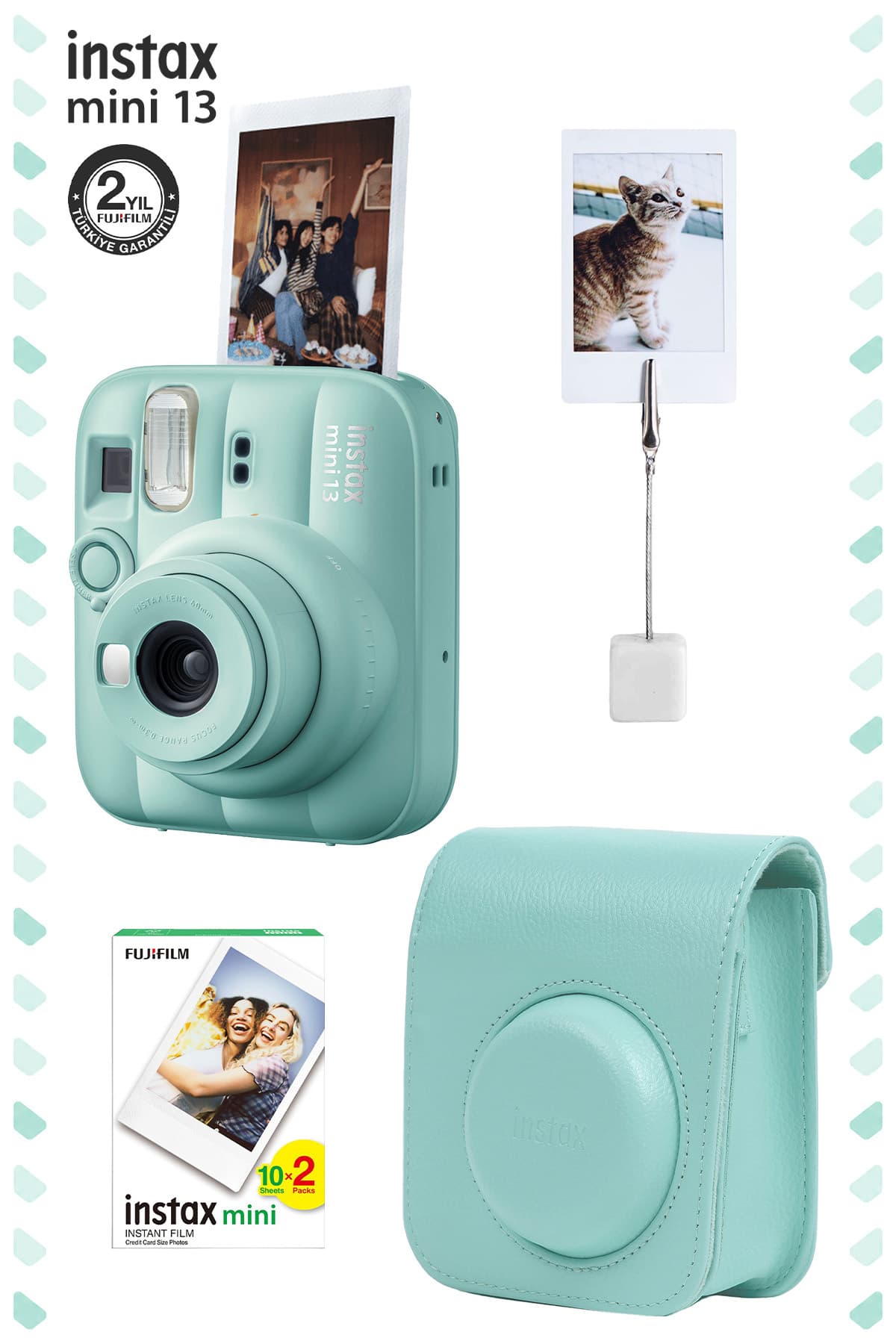 ست هدیه دوربین عکاسی Fujifilm سبز لاگونی با کیف چرمی، گیره و فیلم 20تایی مدل Instax Mini 13 ست هدیه دوربین عکاسی Fujifilm سبز لاگونی با کیف چرمی، گیره و فیلم 20تایی مدل Instax Mini 13