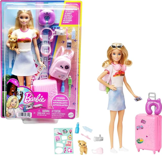 ست سفری عروسک Barbie مدل Malibu با تولهسگ، چمدان کاربردی و 10+ قطعه لوازم جانبی ست سفری عروسک Barbie مدل Malibu با تولهسگ، چمدان کاربردی و 10+ قطعه لوازم جانبی