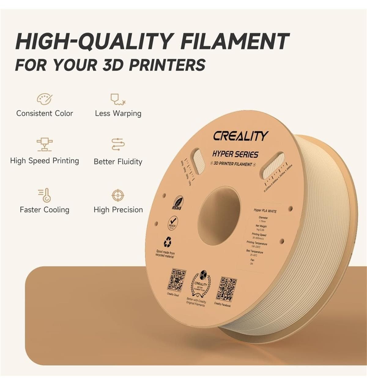 فیلامنت Creality Hyper PLA قطر 1.75mm وزن 1000g فیلامنت Creality Hyper PLA قطر 1.75mm وزن 1000g