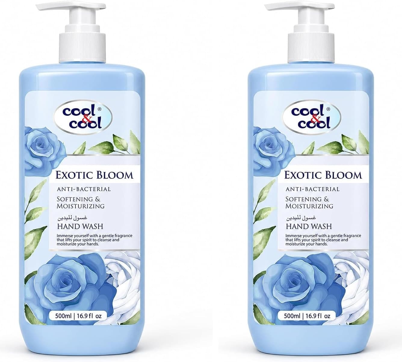 مایع دستشویی دوقلو Cool & Cool با رایحه Divine Essence و Exotic Bloom، آنتیباکتریال و نرمکننده پوست 500Ml x 2، 1Liter مایع دستشویی دوقلو Cool & Cool با رایحه Divine Essence و Exotic Bloom، آنتیباکتریال و نرمکننده پوست 500Ml x 2، 1Liter