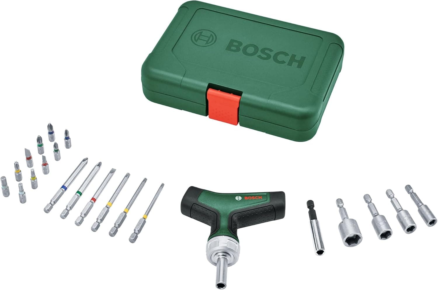 ست پیچگوشتی جغجغهای BOSCH 22 عددی با دسته T ست پیچگوشتی جغجغهای BOSCH 22 عددی با دسته T