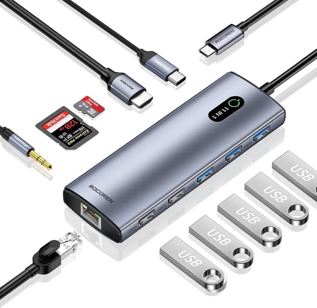 هاب USB یازدهپورته Rocoren با HDMI 4K 30Hz، Gigabit Ethernet، کارتخوان SD و TF و جک 3.5mm هاب USB یازدهپورته Rocoren با HDMI 4K 30Hz، Gigabit Ethernet، کارتخوان SD و TF و جک 3.5mm