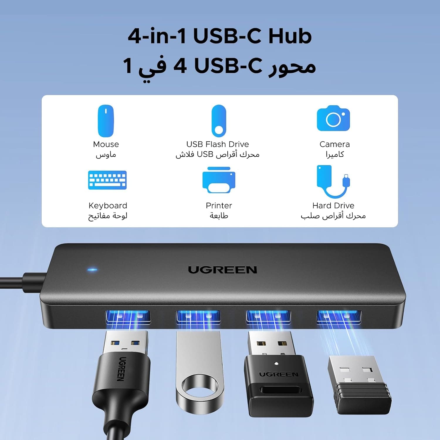 هاب UGREEN USB C با 4×USB 3.0 دیتا و شارژ USB-C 5V/2.4A 60cm هاب UGREEN USB C با 4×USB 3.0 دیتا و شارژ USB-C 5V/2.4A 60cm