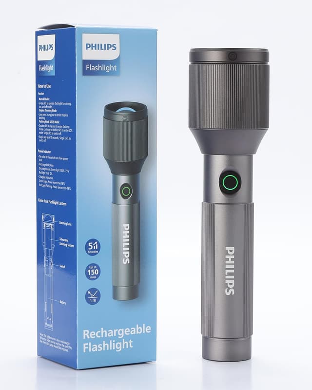 چراغقوه دستی PHILIPS 24W قابلشارژ 2000mAh با زوم، تنظیم نور پیوسته، 1000 Lumens، برد 900M، 1 Pack چراغقوه دستی PHILIPS 24W قابلشارژ 2000mAh با زوم، تنظیم نور پیوسته، 1000 Lumens، برد 900M، 1 Pack