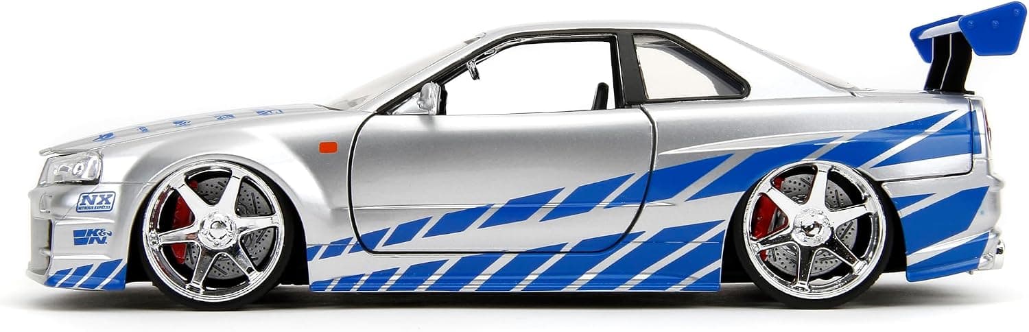 ماشین فلزی Jada از مجموعه Fast & Furious مدل 2002 Nissan Skyline R34، مقیاس 1:24، نقرهای و آبی ماشین فلزی Jada از مجموعه Fast & Furious مدل 2002 Nissan Skyline R34، مقیاس 1:24، نقرهای و آبی