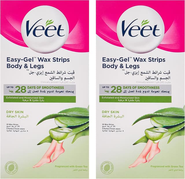 نوار موبر ژلی Veet مخصوص بدن و پا برای پوست خشک با رایحه آلوئهورا و چای سبز – بسته دوقلو 20 عددی نوار موبر ژلی Veet مخصوص بدن و پا برای پوست خشک با رایحه آلوئهورا و چای سبز – بسته دوقلو 20 عددی