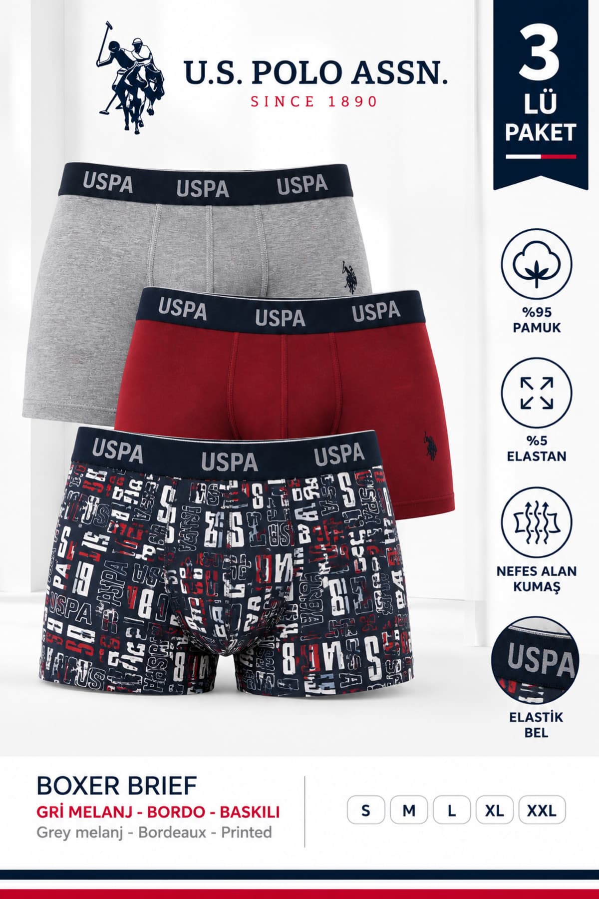 باکسر بریف مردانه U.S. Polo Assn. کمرکش طرحدار سرمهای آبی زرشکی بسته ۳ تایی باکسر بریف مردانه U.S. Polo Assn. کمرکش طرحدار سرمهای آبی زرشکی بسته ۳ تایی