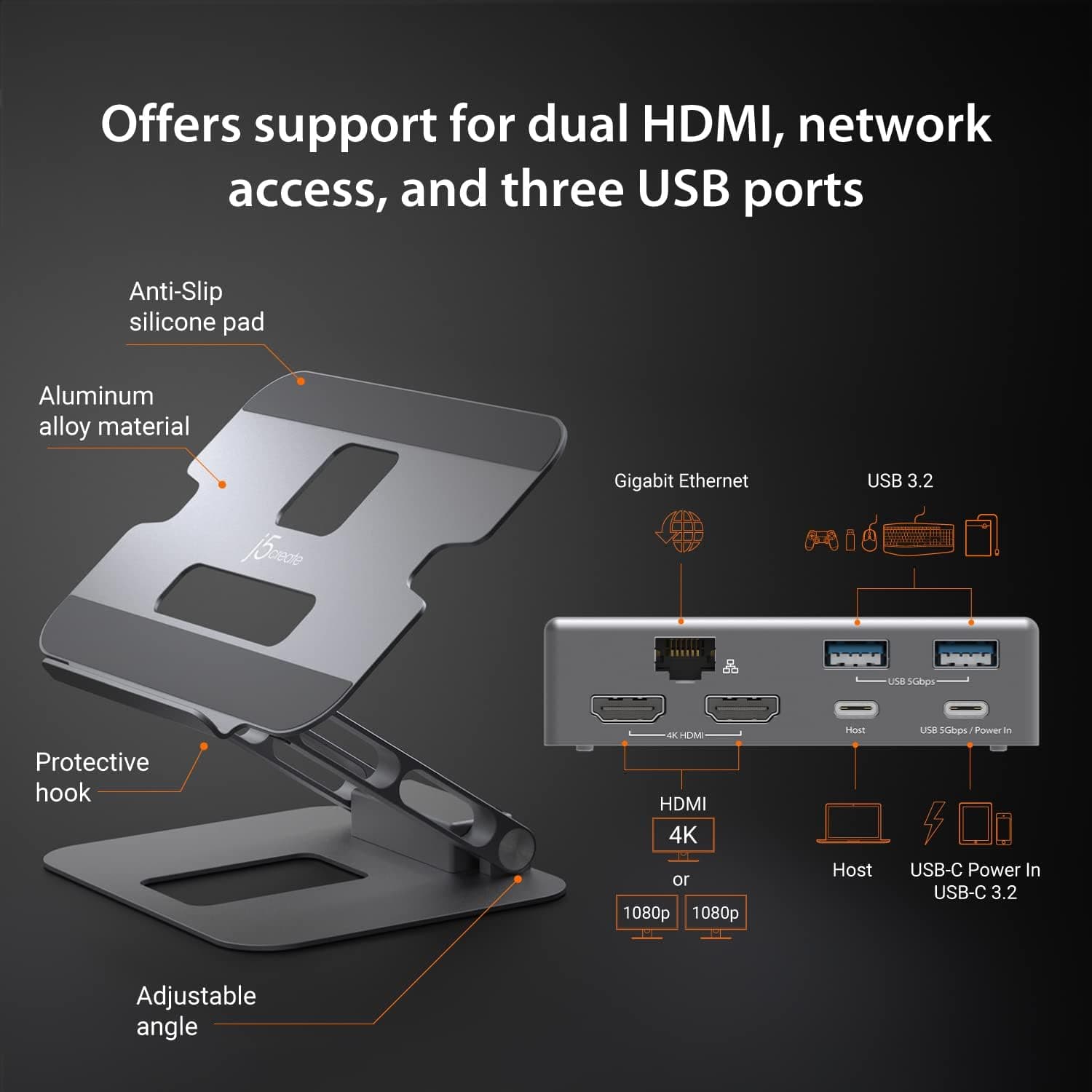 پایه لپتاپ j5create با هاب نمایشگر دوگانه USB-C و HDMI مدل JTS427 پایه لپتاپ j5create با هاب نمایشگر دوگانه USB-C و HDMI مدل JTS427