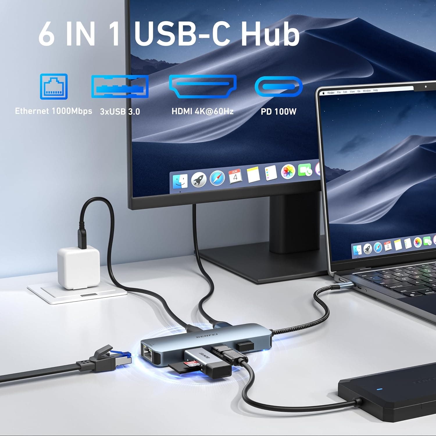 هاب USB-C BENFEI 6 در 1 HDMI 4K@60Hz، Gigabit Ethernet و توان 100W هاب USB-C BENFEI 6 در 1 HDMI 4K@60Hz، Gigabit Ethernet و توان 100W