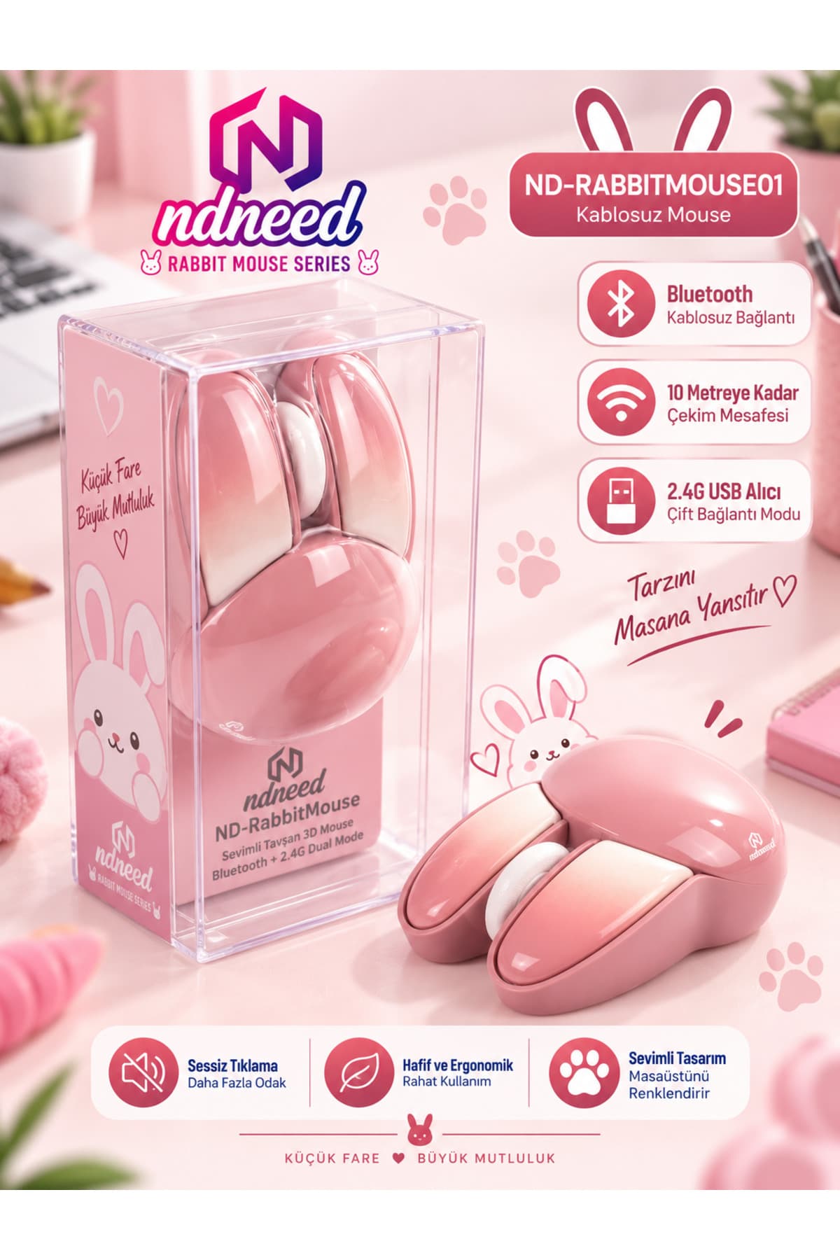 ماوس NDNeed طرح خرگوش سهبعدی صورتی بلوتوث + 2.4G دو حالته ماوس NDNeed طرح خرگوش سهبعدی صورتی بلوتوث + 2.4G دو حالته