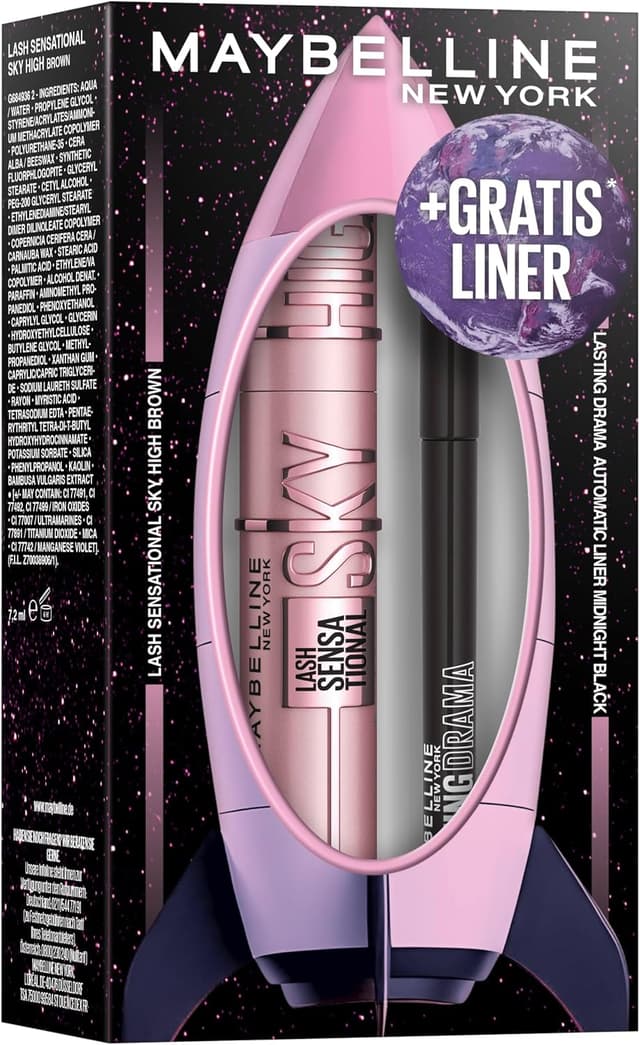 ست آرایشی Maybelline ریمل Sky High قهوهای و خط چشم Lasting Drama 10 مشکی ست آرایشی Maybelline ریمل Sky High قهوهای و خط چشم Lasting Drama 10 مشکی