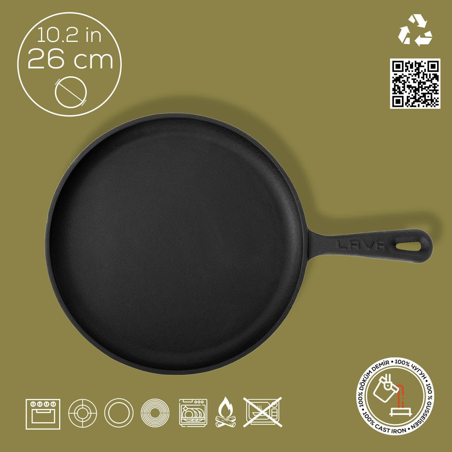تاوه چدنی کرپ پیتزا و پنکیک LAVA گرد دسته فلزی 26cm مشکی تاوه چدنی کرپ پیتزا و پنکیک LAVA گرد دسته فلزی 26cm مشکی
