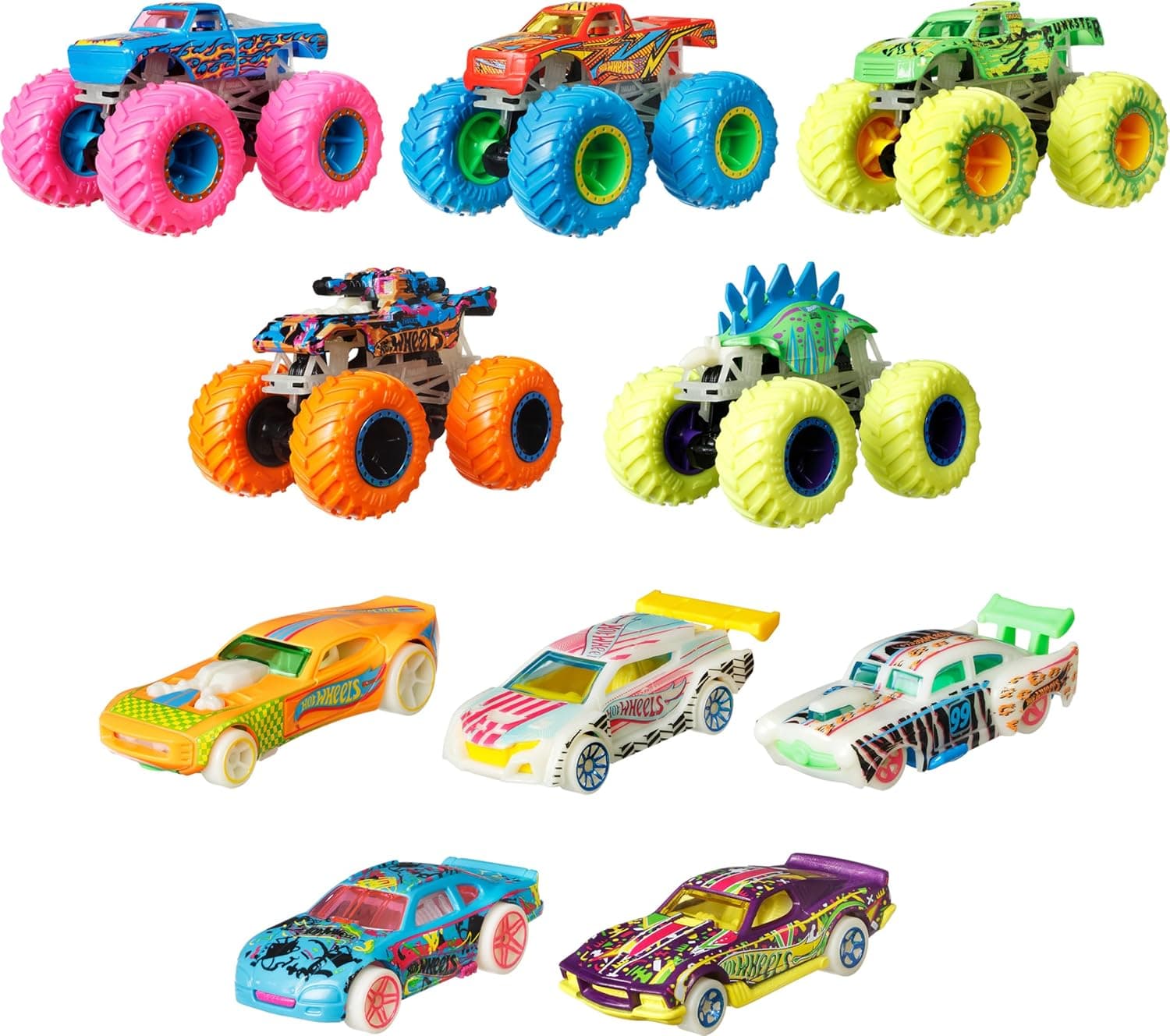 مجموعه ۱۰تایی خودروهای اسباببازی کودکان ۴ تا ۸ سال Hot Wheels شبتاب شامل ۵ Monster Trucks و ۵ خودروی 1:64 مجموعه ۱۰تایی خودروهای اسباببازی کودکان ۴ تا ۸ سال Hot Wheels شبتاب شامل ۵ Monster Trucks و ۵ خودروی 1:64