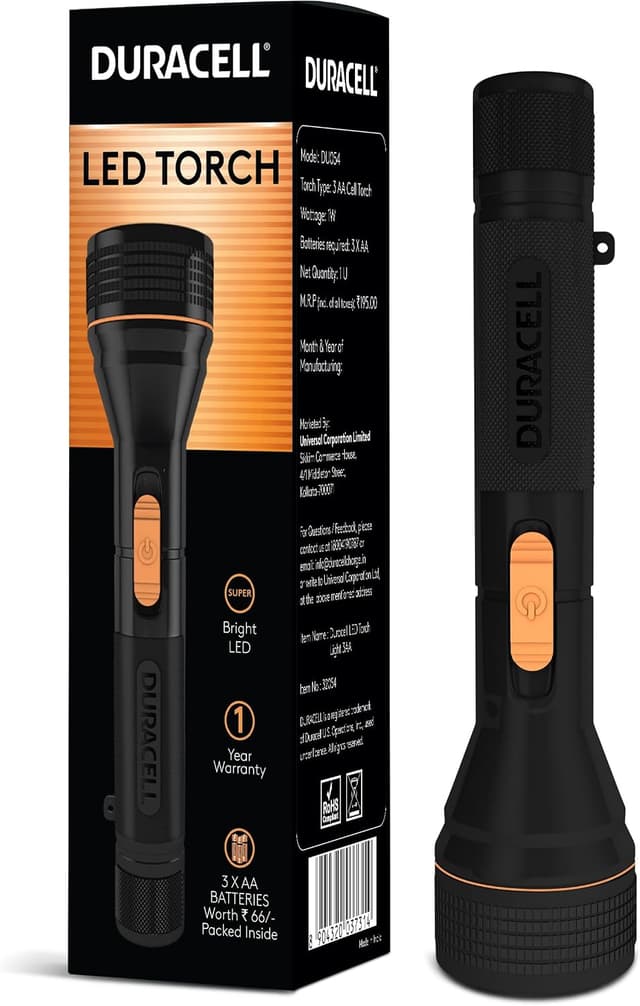 چراغ قوه LED Duracell مشکی با روشنایی 12000 LUX همراه با 3AA باتری چراغ قوه LED Duracell مشکی با روشنایی 12000 LUX همراه با 3AA باتری
