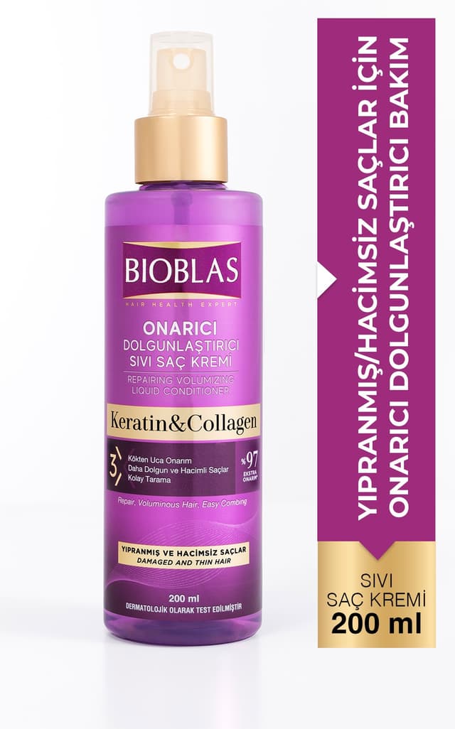 نرمکننده موی مایع Bioblas حاوی کراتین و کلاژن، ترمیمکننده و حجمدهنده 200 Ml نرمکننده موی مایع Bioblas حاوی کراتین و کلاژن، ترمیمکننده و حجمدهنده 200 Ml