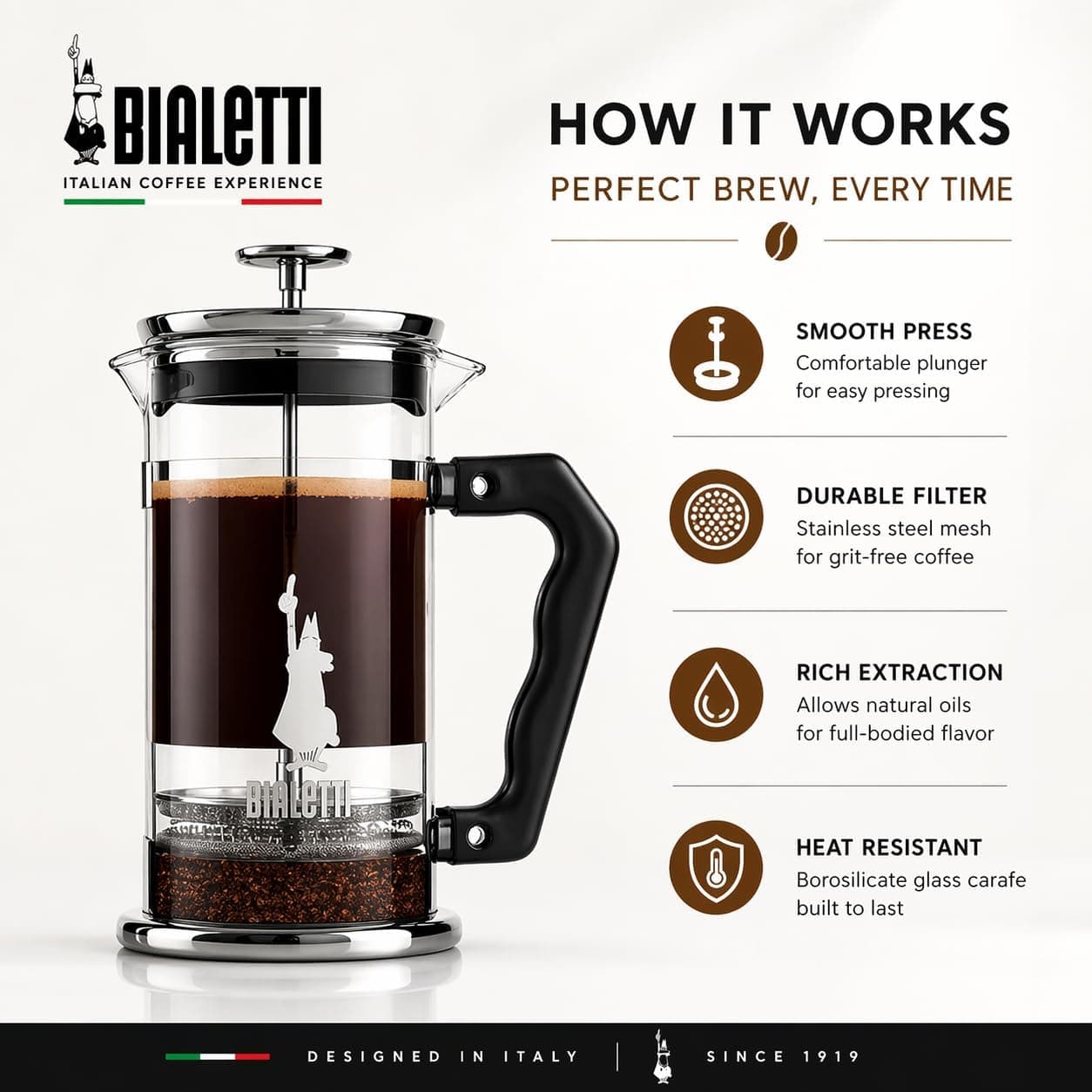 فرنچ پرس Bialetti Preziosa با ظرفیت 1L و بدنه استیل 18/10 فرنچ پرس Bialetti Preziosa با ظرفیت 1L و بدنه استیل 18/10