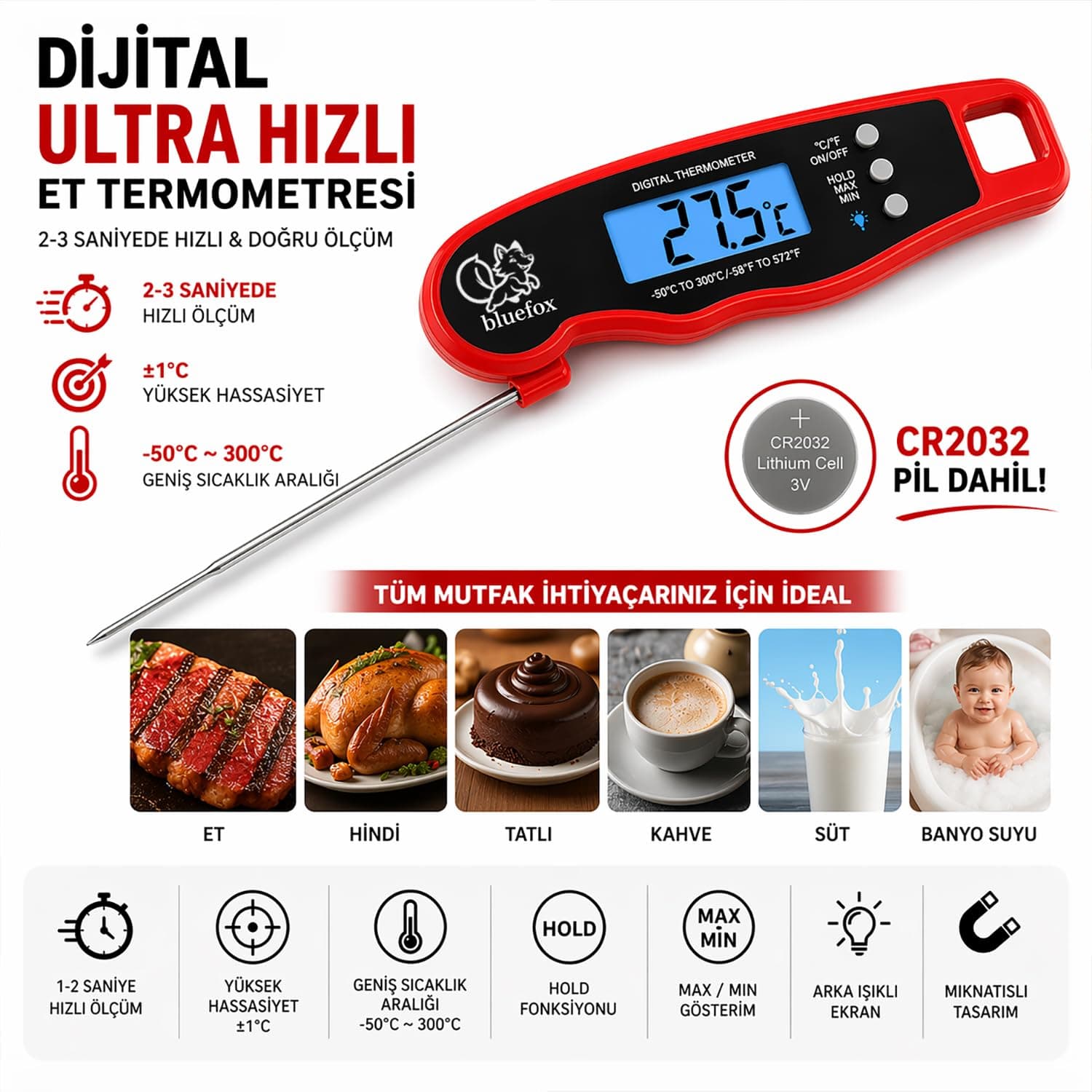 ترمومتر دیجیتال آشپزخانه Bluefox مغناطیسی تاشو، پروب ۲۴۰ درجهای، -50 تا 300°C ترمومتر دیجیتال آشپزخانه Bluefox مغناطیسی تاشو، پروب ۲۴۰ درجهای، -50 تا 300°C