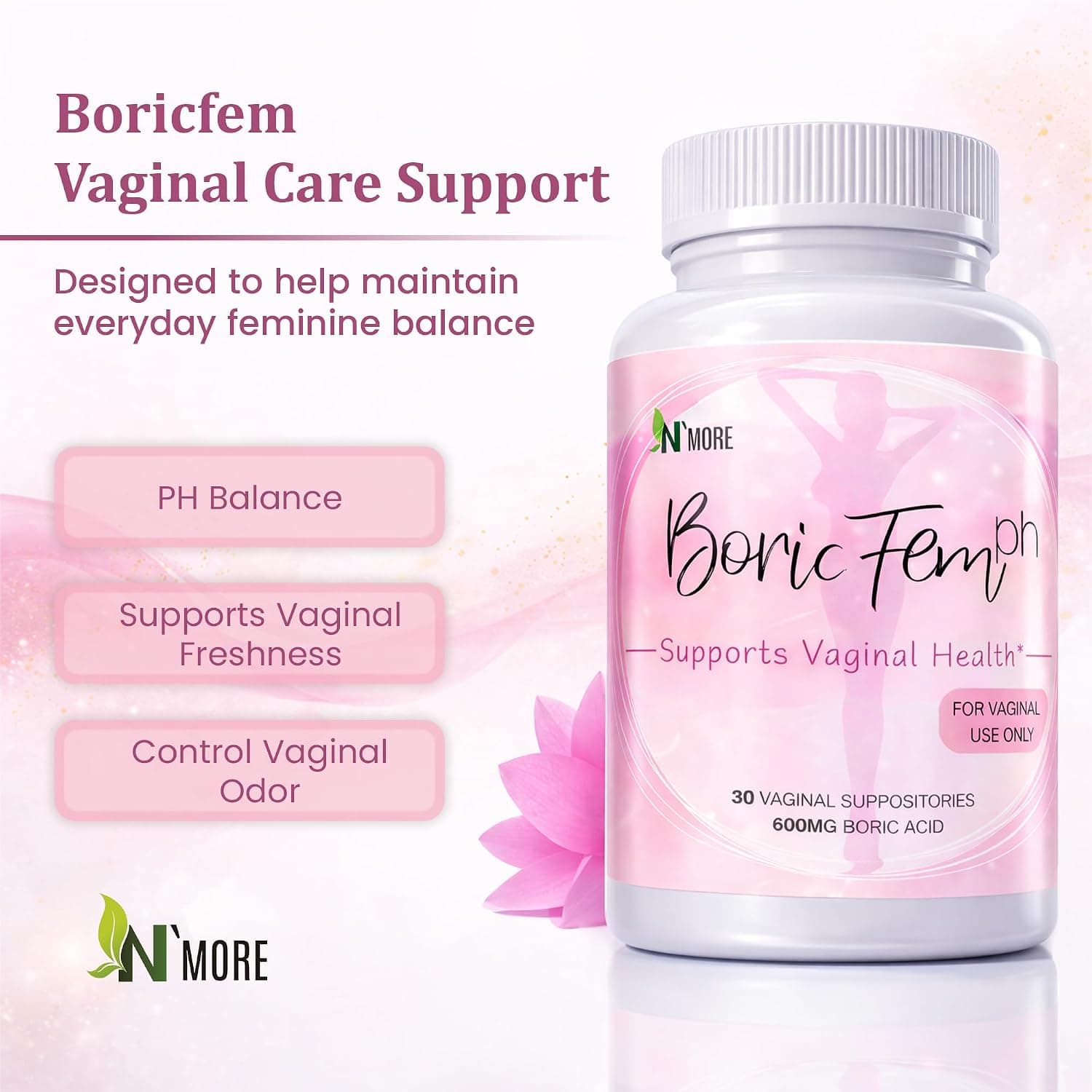 شیاف واژینال اسید بوریک N'More، 30 عدد، 600mg شیاف واژینال اسید بوریک N'More، 30 عدد، 600mg
