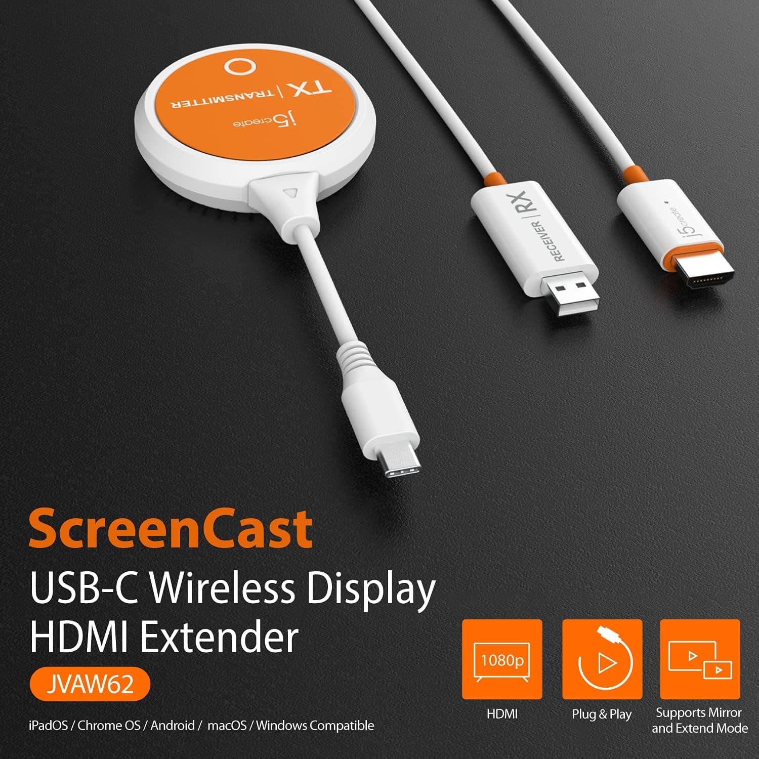 فرستنده و گیرنده بیسیم USB-C به HDMI j5create با پشتیبانی 1080p مدل JVAW62 فرستنده و گیرنده بیسیم USB-C به HDMI j5create با پشتیبانی 1080p مدل JVAW62