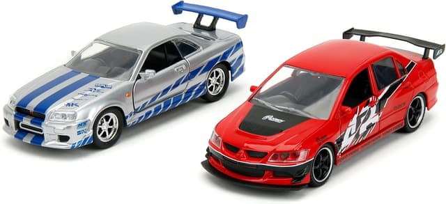 ست 2تایی ماشین مدل Jada Fast and Furious، Mitsubishi Lancer Evolution IX و Brian's Nissan Skyline GT-R (R34)، سری Legacy Series، درِ بازشو، مقیاس 1:32، 13 cm ست 2تایی ماشین مدل Jada Fast and Furious، Mitsubishi Lancer Evolution IX و Brian's Nissan Skyline GT-R (R34)، سری Legacy Series، درِ بازشو، مقیاس 1:32، 13 cm