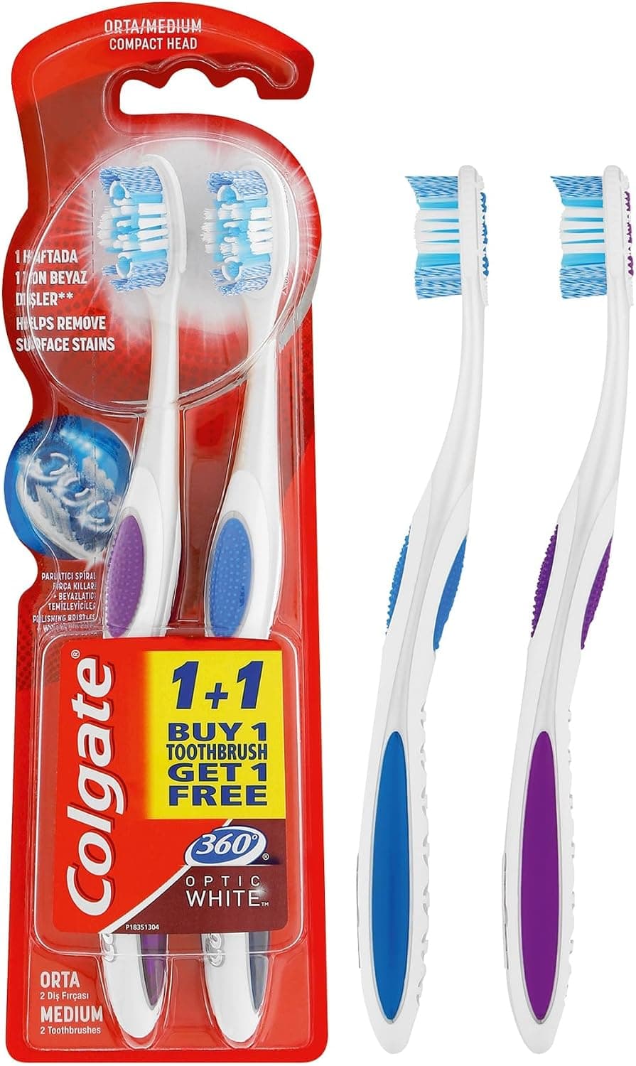 مسواک سفیدکننده متوسط Colgate 360 Optik Beyaz با پاککننده زبان و گونه 1+1 مسواک سفیدکننده متوسط Colgate 360 Optik Beyaz با پاککننده زبان و گونه 1+1