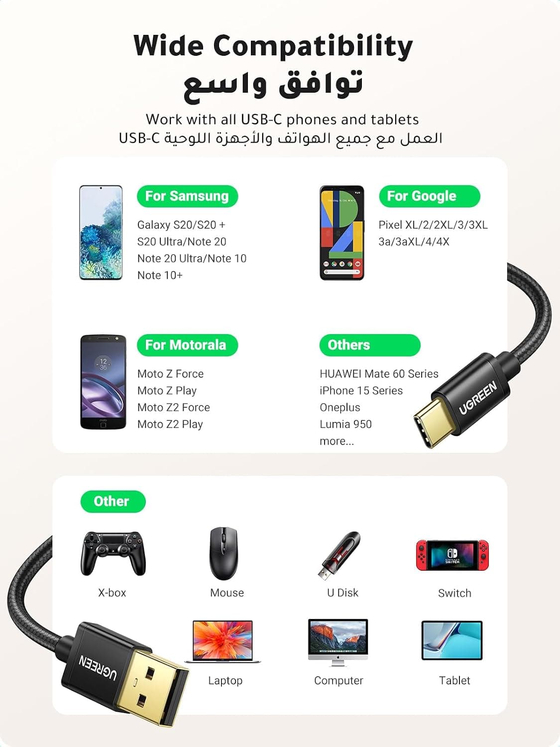 کابل مردانه UGREEN بافتهشده USB A به USB C 18W 1M 2Pack کابل مردانه UGREEN بافتهشده USB A به USB C 18W 1M 2Pack