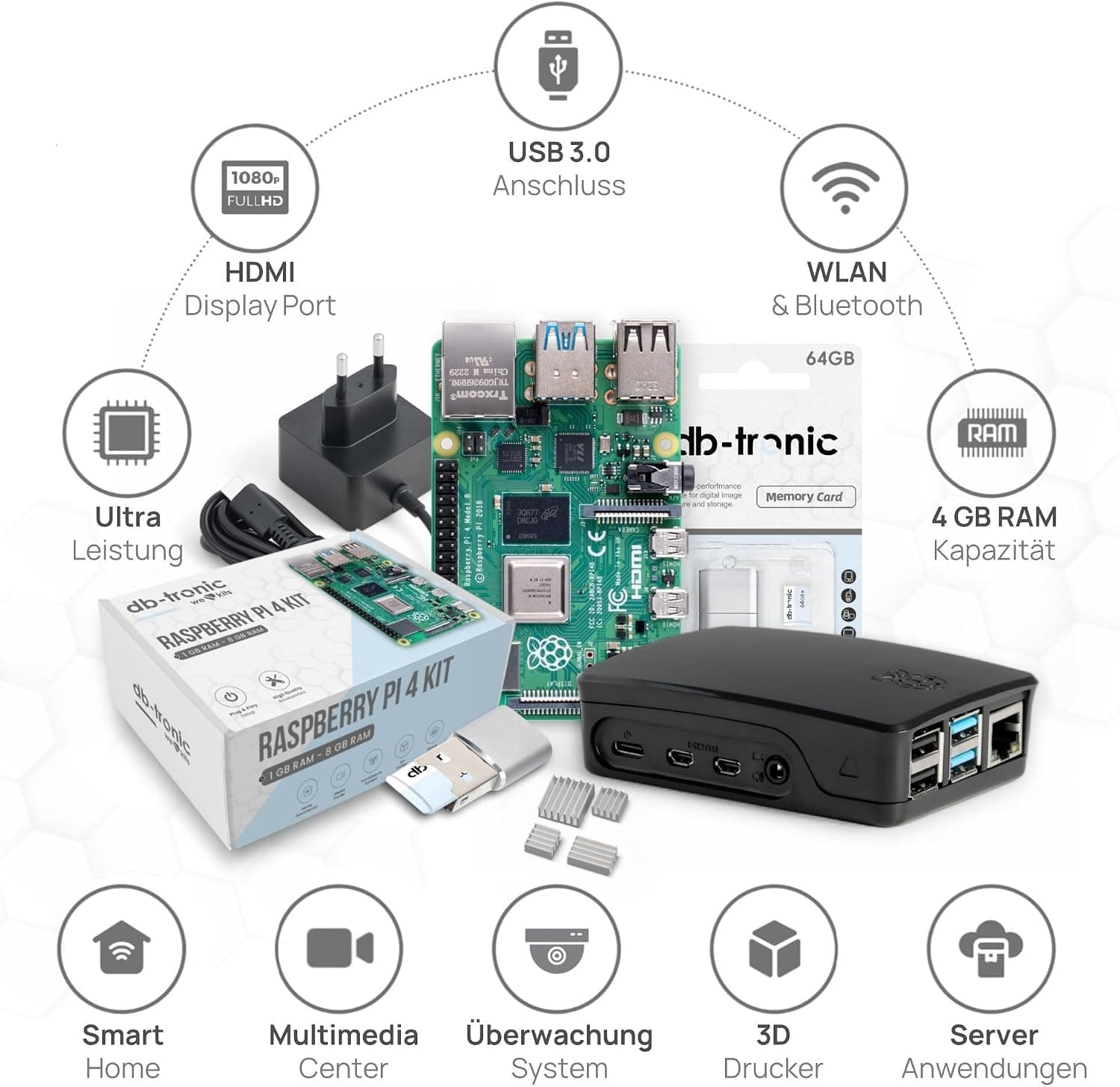 کیت استارتر Raspberry Pi 4 برند db-tronic با حافظه 64 GB و کیس مشکی کیت استارتر Raspberry Pi 4 برند db-tronic با حافظه 64 GB و کیس مشکی