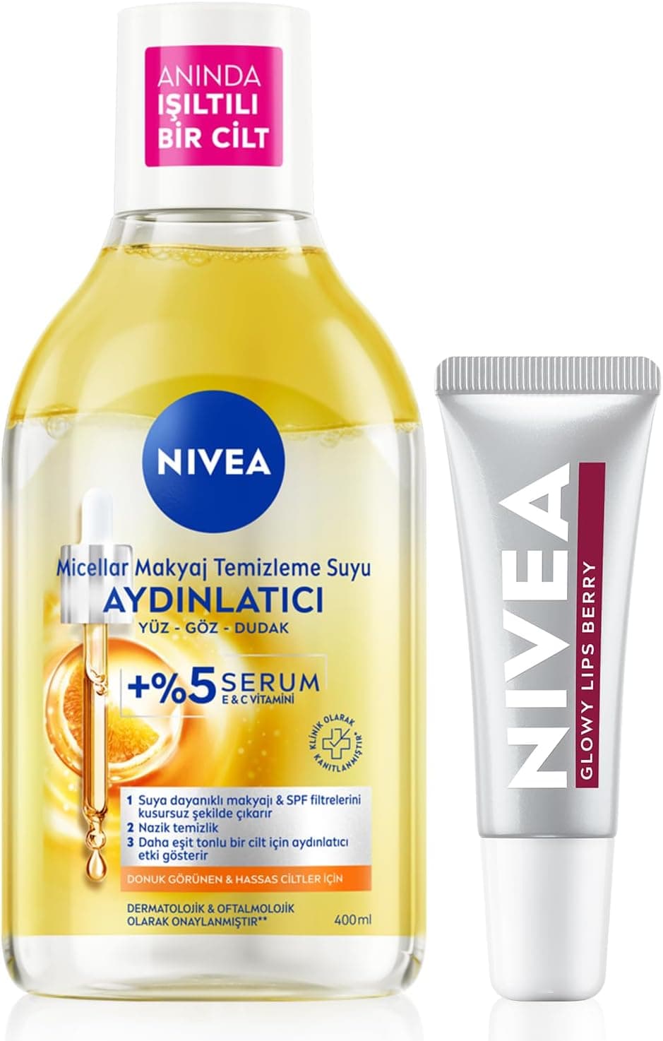 آب میسلار پاککننده آرایش NIVEA 400 Ml و کرم مرطوبکننده لب رنگی مدل Glowy Lips Berry آب میسلار پاککننده آرایش NIVEA 400 Ml و کرم مرطوبکننده لب رنگی مدل Glowy Lips Berry