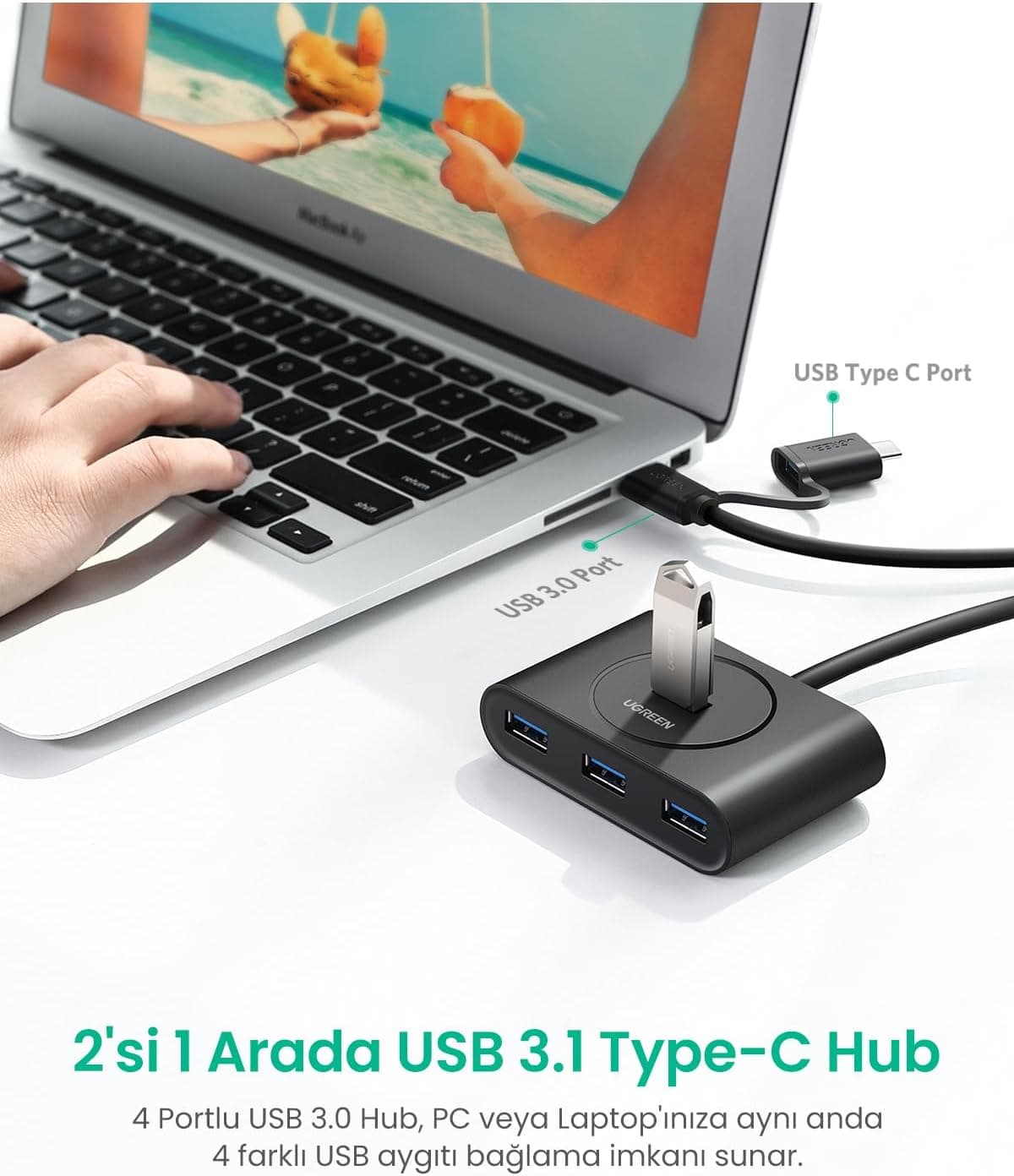 هاب 4 پورته USB 3.0 UGREEN با ورودی USB A/USB C مشکی 1 متر هاب 4 پورته USB 3.0 UGREEN با ورودی USB A/USB C مشکی 1 متر