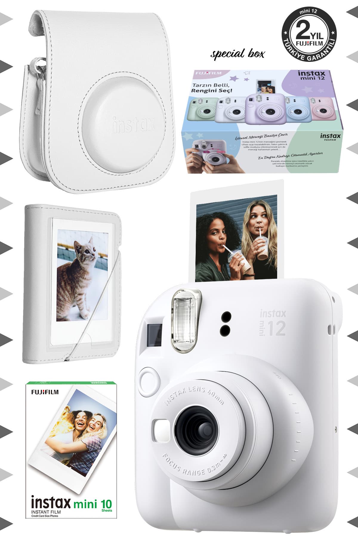 دوربین فوری Fujifilm Instax mini 12 سفید با ۱۰ فیلم، آلبوم و کیف چرمی دوربین فوری Fujifilm Instax mini 12 سفید با ۱۰ فیلم، آلبوم و کیف چرمی