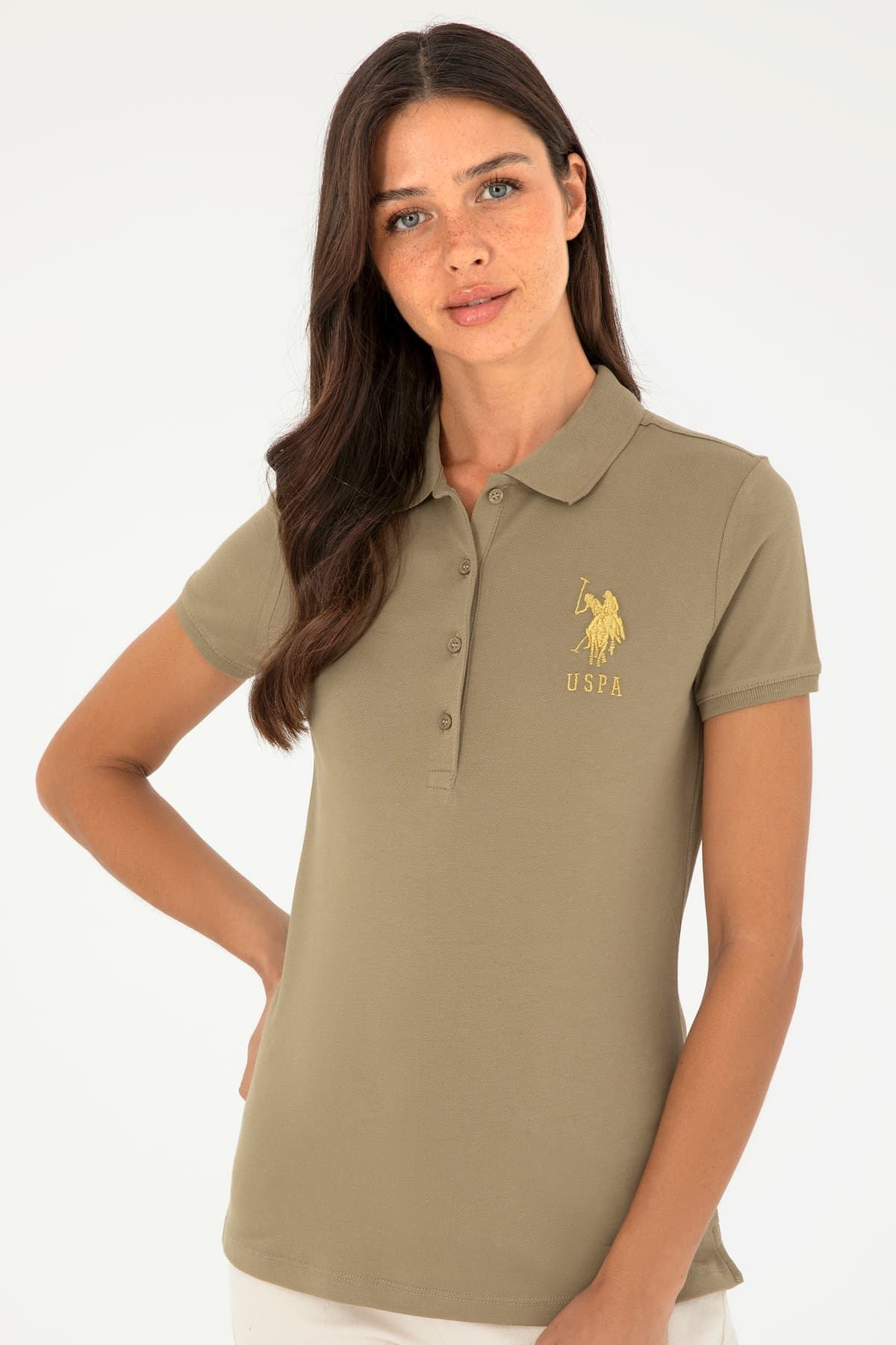 تیشرت زنانه U.S. Polo Assn. یقه پولو خاکی بیسیک مدل 50280071-VR027 تیشرت زنانه U.S. Polo Assn. یقه پولو خاکی بیسیک مدل 50280071-VR027