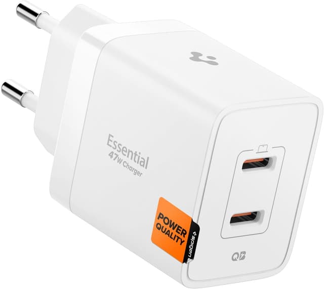 شارژر دیواری سریع 47W دو پورت USB-C Spigen سفید GaN Pro مدل ACH08707 شارژر دیواری سریع 47W دو پورت USB-C Spigen سفید GaN Pro مدل ACH08707