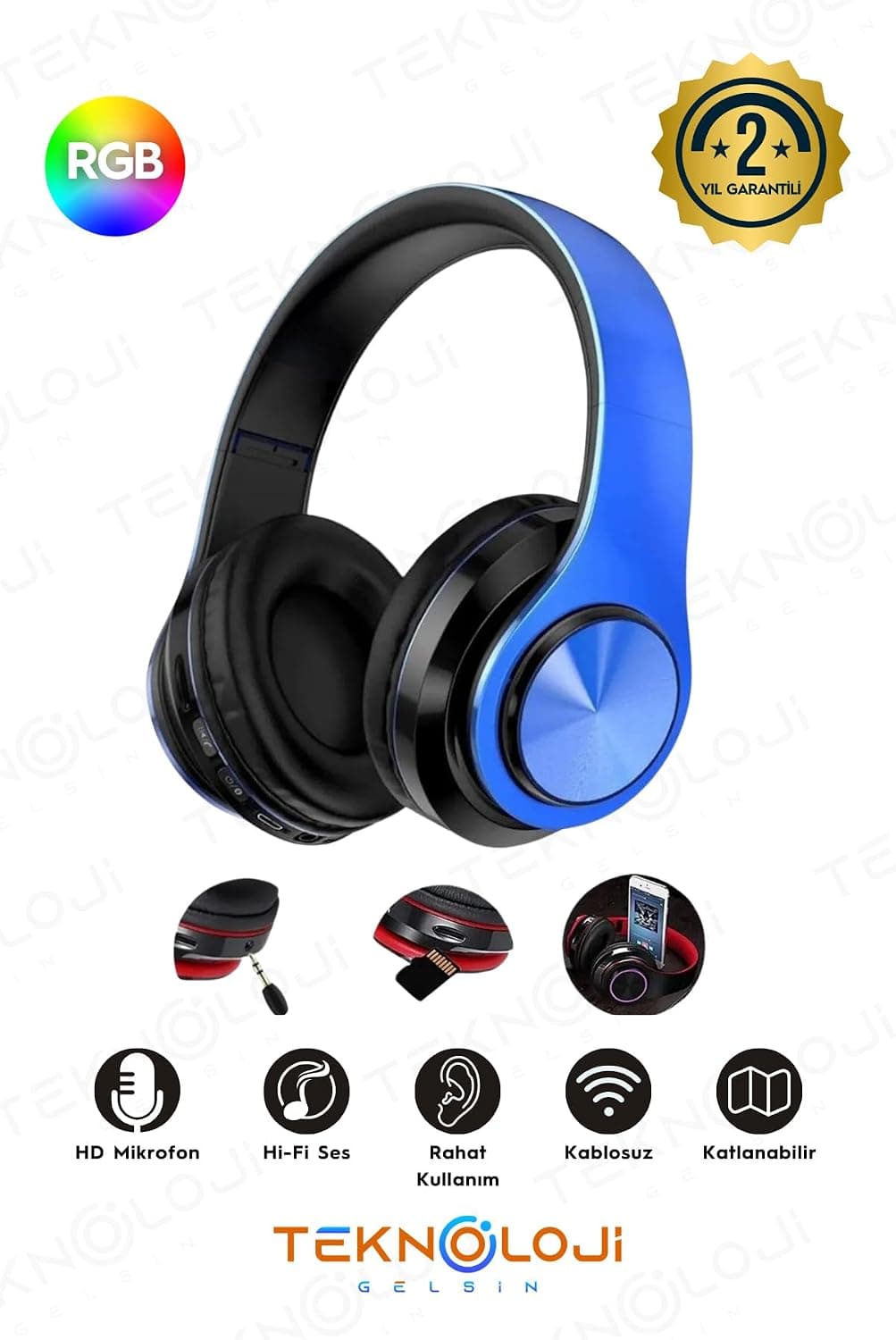 هدفون بلوتوثی رویگوشی Teknoloji Gelsin تاشو با نور LED و میکروفون مشکی-آبی هدفون بلوتوثی رویگوشی Teknoloji Gelsin تاشو با نور LED و میکروفون مشکی-آبی