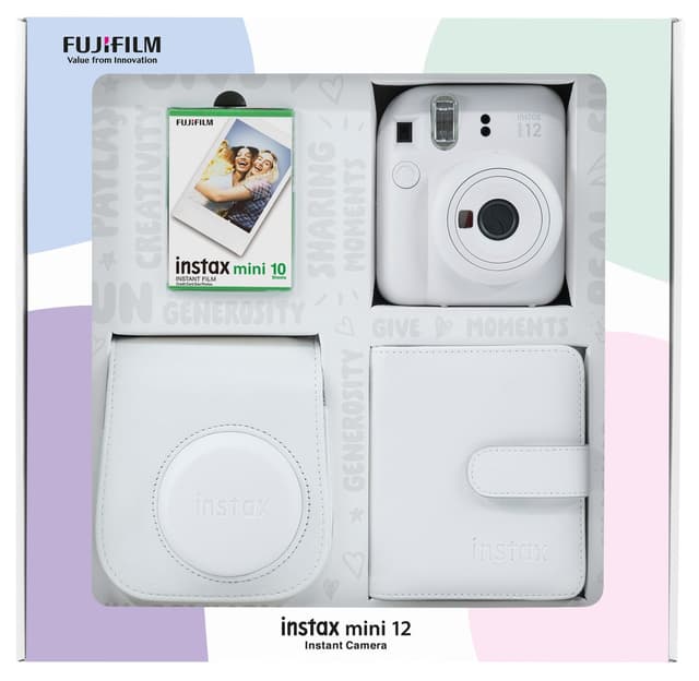 دوربین فوری Fujifilm Instax mini 12 سفید با 10 فیلم، آلبوم و کیف چرمی دوربین فوری Fujifilm Instax mini 12 سفید با 10 فیلم، آلبوم و کیف چرمی