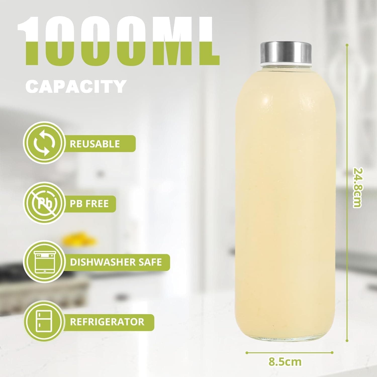 بطری آب شیشهای شفاف Premify با درپوش استیل، 3 عددی، 32oz/1L بطری آب شیشهای شفاف Premify با درپوش استیل، 3 عددی، 32oz/1L