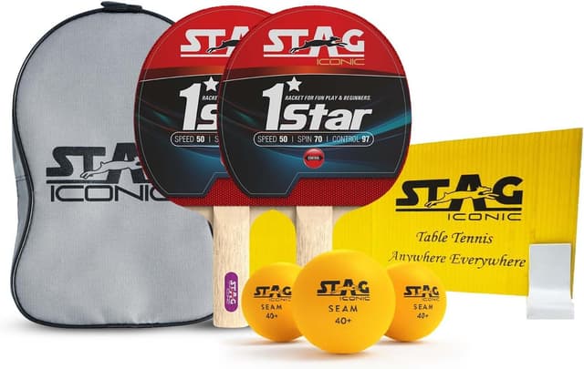 ست تنیس روی میز چوبی STAG ICONIC مدل 328 WH، ۲ راکت و ۳ توپ سفید ست تنیس روی میز چوبی STAG ICONIC مدل 328 WH، ۲ راکت و ۳ توپ سفید