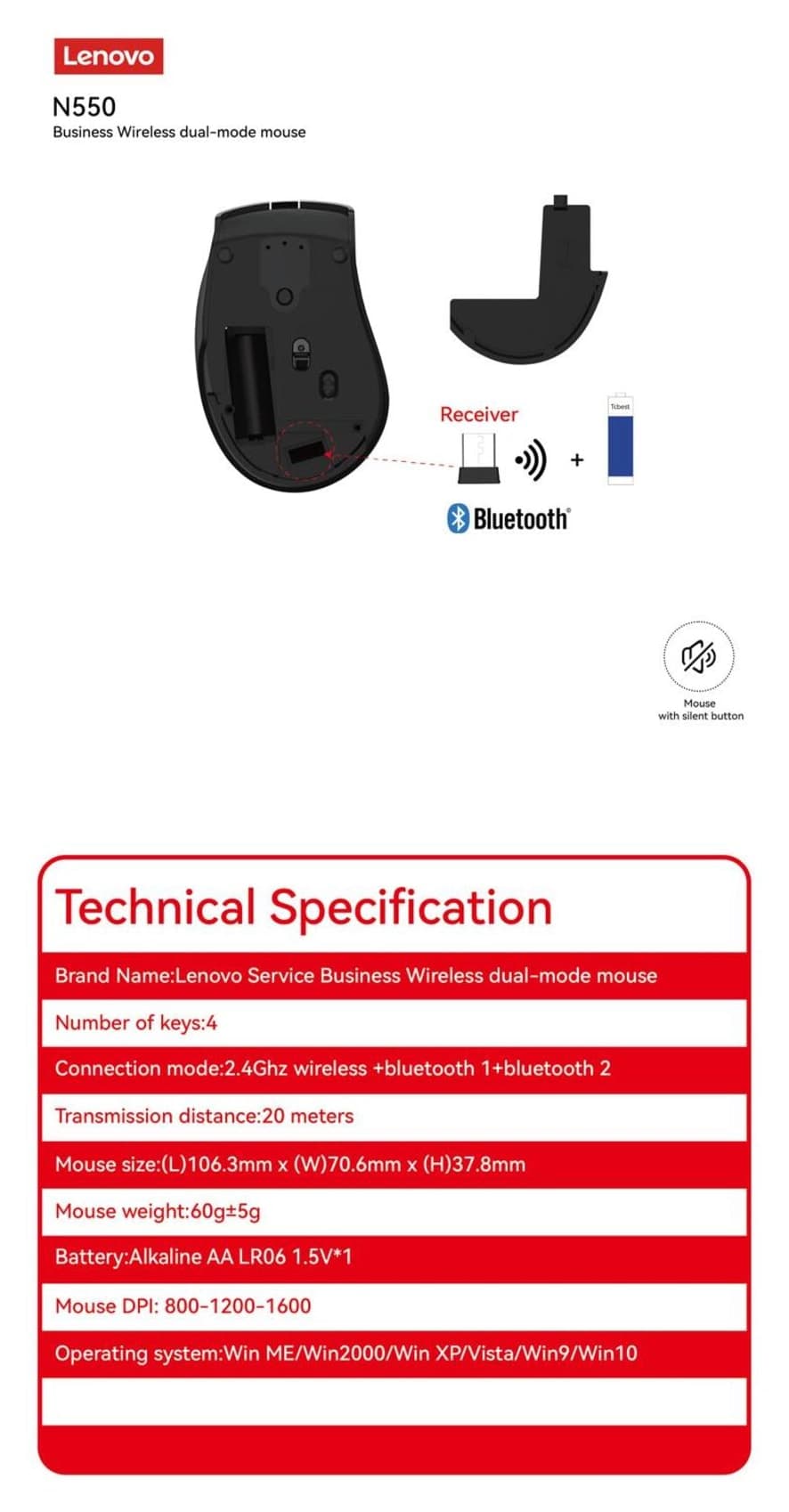 ماوس Lenovo بیسیم دو حالته Bluetooth و 2.4GHz بیصدا مشکی مدل N550 ماوس Lenovo بیسیم دو حالته Bluetooth و 2.4GHz بیصدا مشکی مدل N550