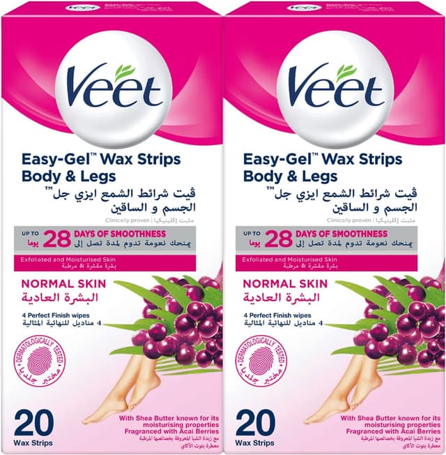 نوار موبر ژلی بدن و پا Veet مناسب پوست معمولی با رایحه شیباتر و توت آکای، بسته دوقلو 40 عددی نوار موبر ژلی بدن و پا Veet مناسب پوست معمولی با رایحه شیباتر و توت آکای، بسته دوقلو 40 عددی