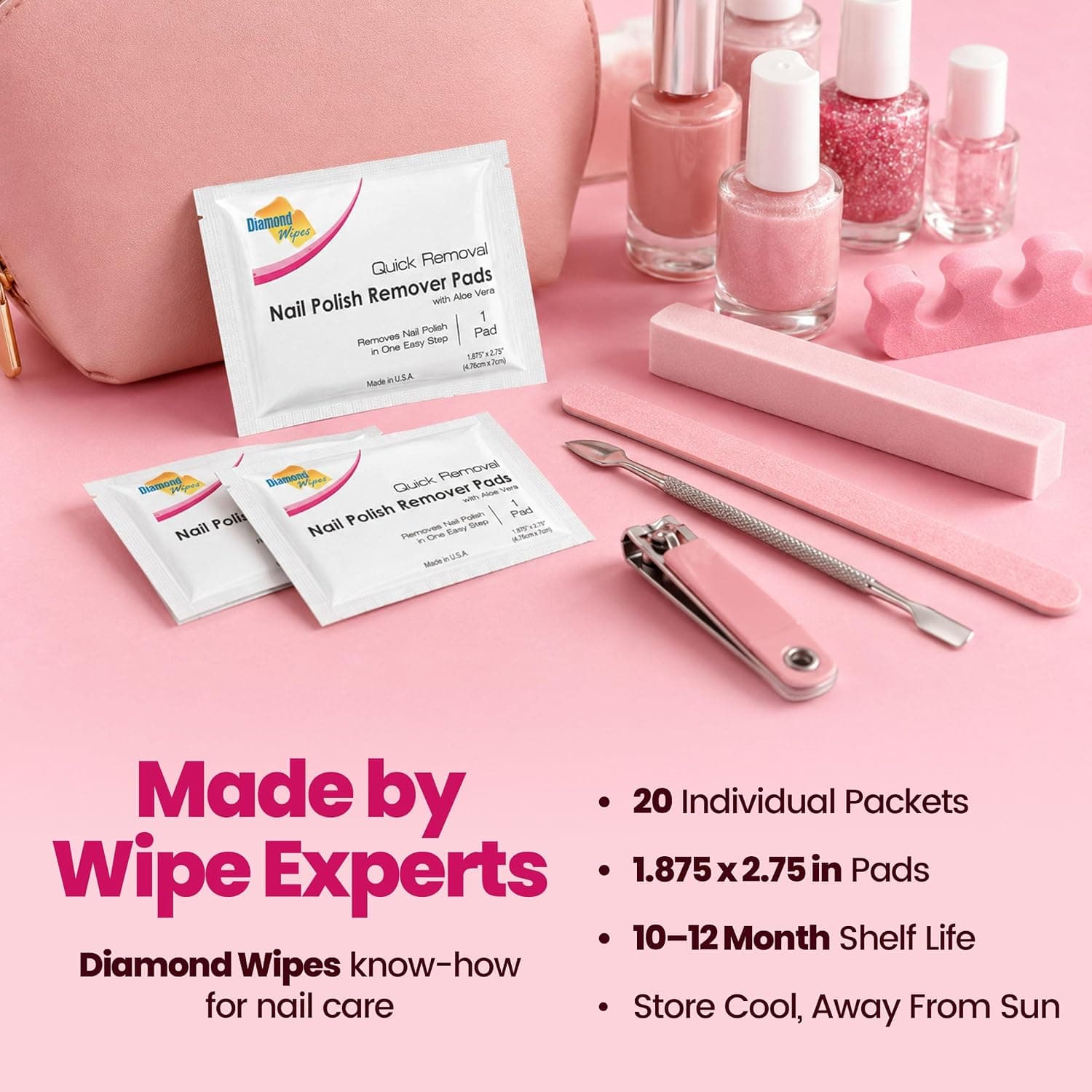 پد پاککننده لاک ناخن Diamond Wipes، پیشآغشته و ضخیم، بستهبندی تکی برای سفر، بسته 50 عدد پد پاککننده لاک ناخن Diamond Wipes، پیشآغشته و ضخیم، بستهبندی تکی برای سفر، بسته 50 عدد
