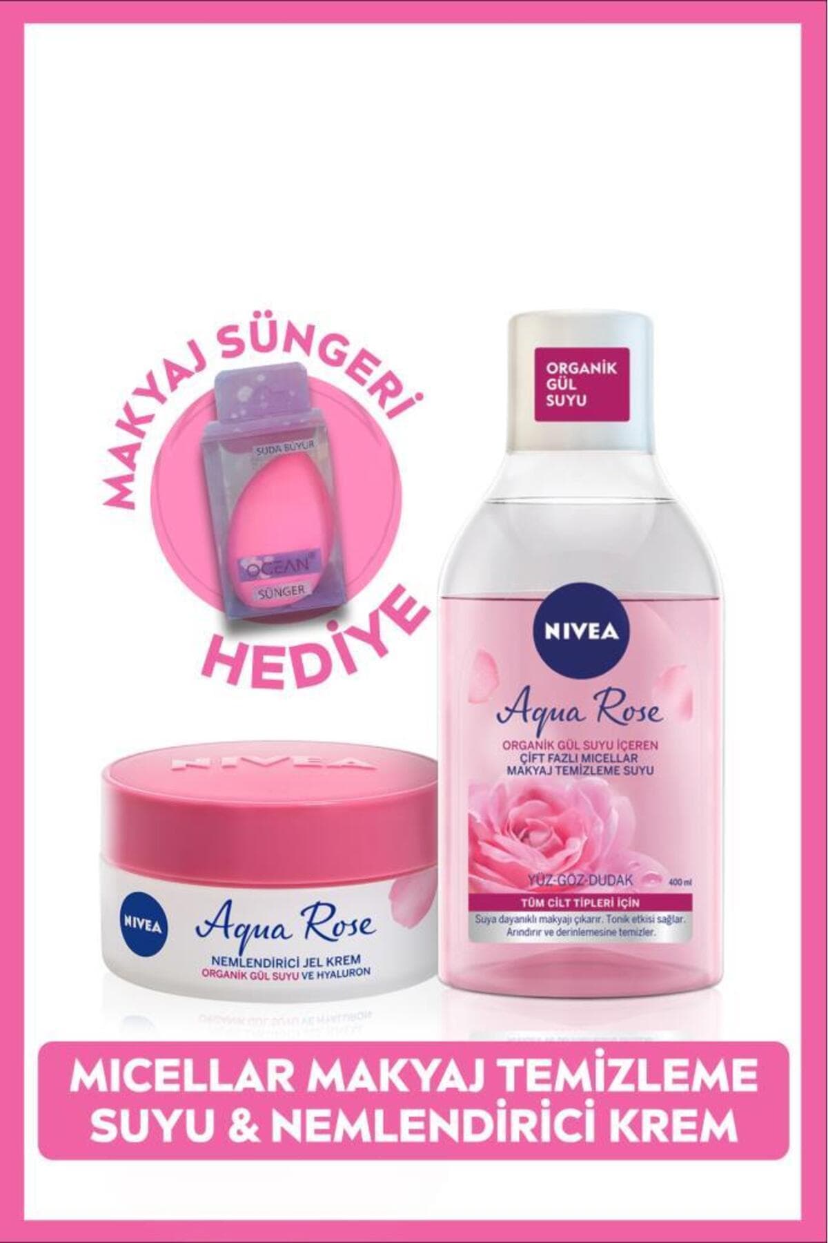 ست پاککننده آرایش میسلار دوفاز و کرم مرطوبکننده NIVEA Aqua Rose، اسفنج 400ml و 50ml ست پاککننده آرایش میسلار دوفاز و کرم مرطوبکننده NIVEA Aqua Rose، اسفنج 400ml و 50ml