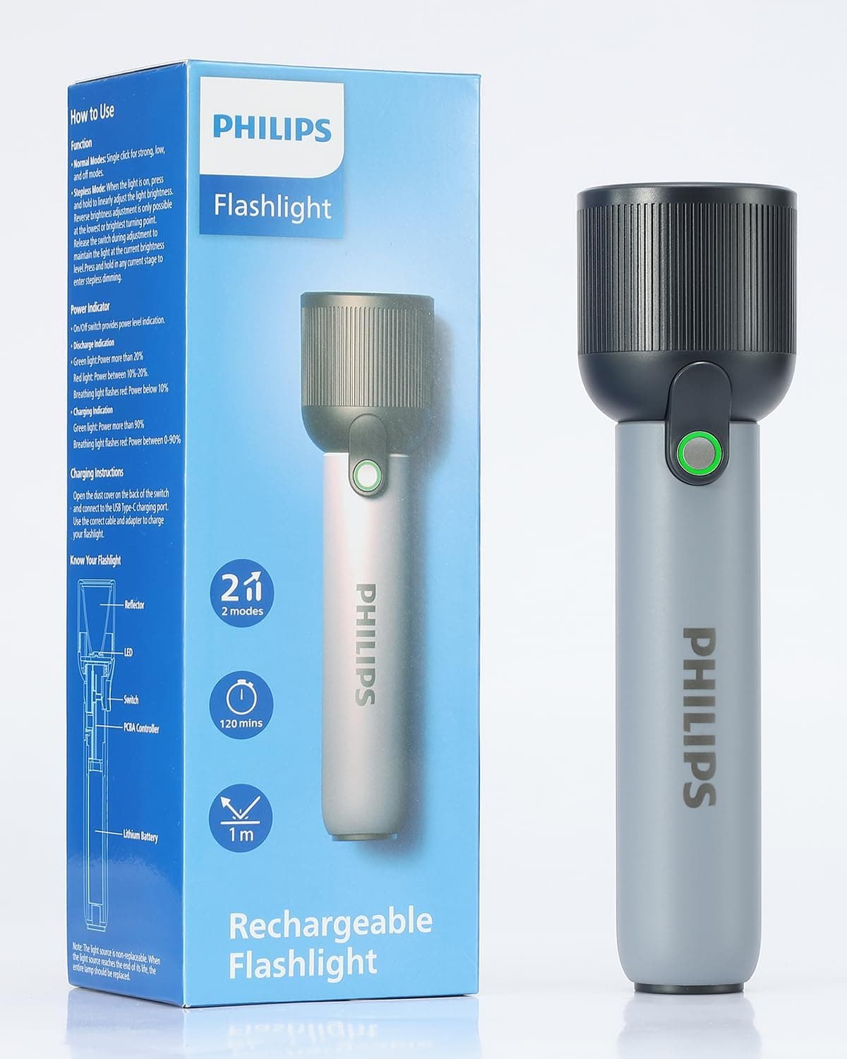 چراغقوه دستی PHILIPS شارژی 2000mAh دوحالته 400LM ضدآب IP44 خاکستری چراغقوه دستی PHILIPS شارژی 2000mAh دوحالته 400LM ضدآب IP44 خاکستری