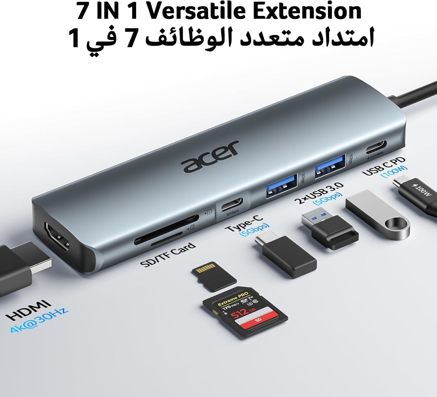 هاب USB-C هفتکاره Acer با خروجی 4K HDMI و کارتخوان SD هاب USB-C هفتکاره Acer با خروجی 4K HDMI و کارتخوان SD