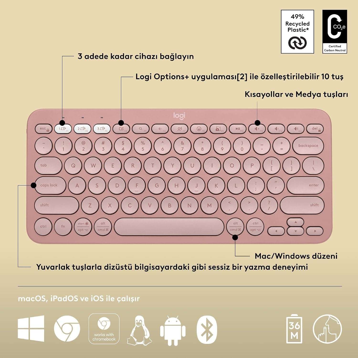 کیبورد بیسیم Logitech مدل Pebble Keys 2 K380s چنددستگاهه بلوتوثی صورتی کیبورد بیسیم Logitech مدل Pebble Keys 2 K380s چنددستگاهه بلوتوثی صورتی