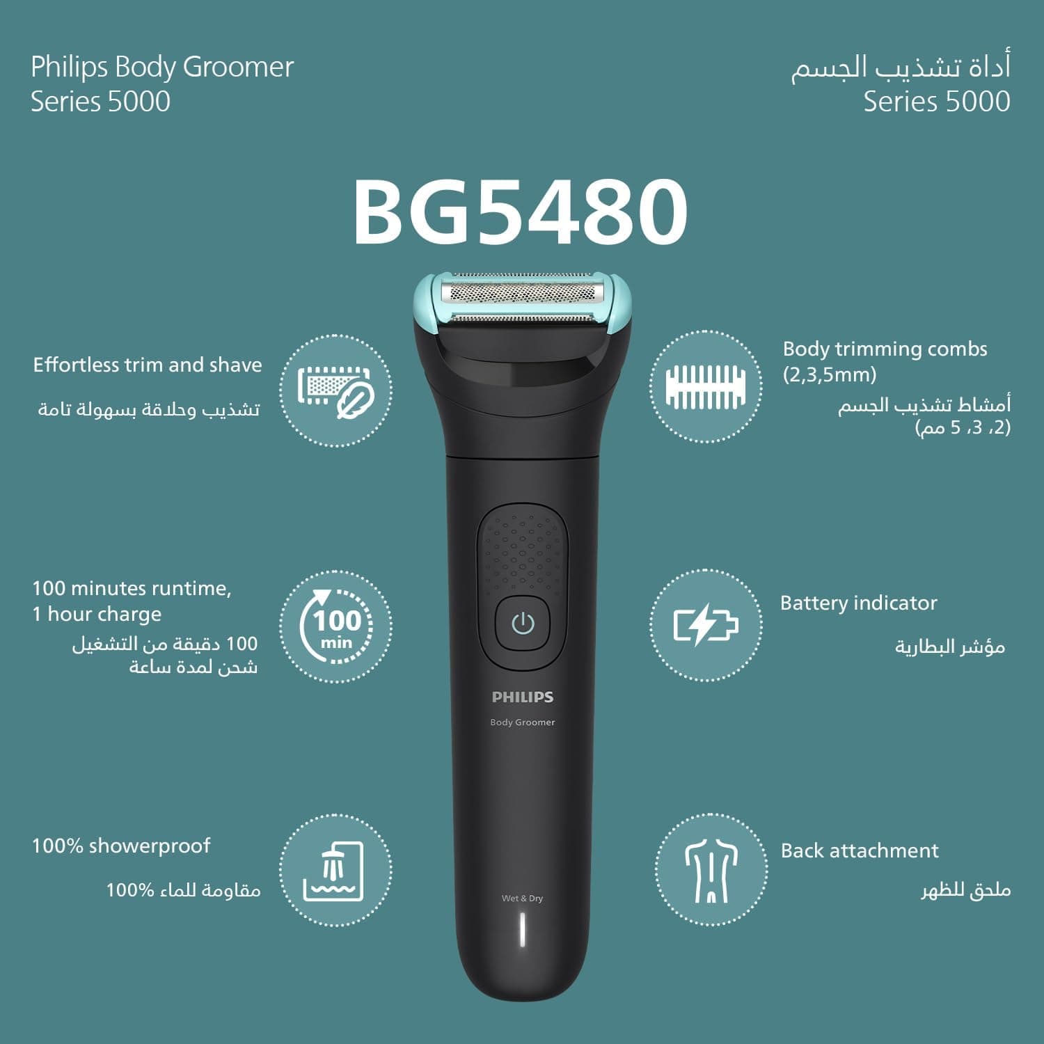 ماشین اصلاح بدن مردانه PHILIPS ضدآب با سری پشت و شانههای 2/3/5 mm مدل BG5480/15 ماشین اصلاح بدن مردانه PHILIPS ضدآب با سری پشت و شانههای 2/3/5 mm مدل BG5480/15