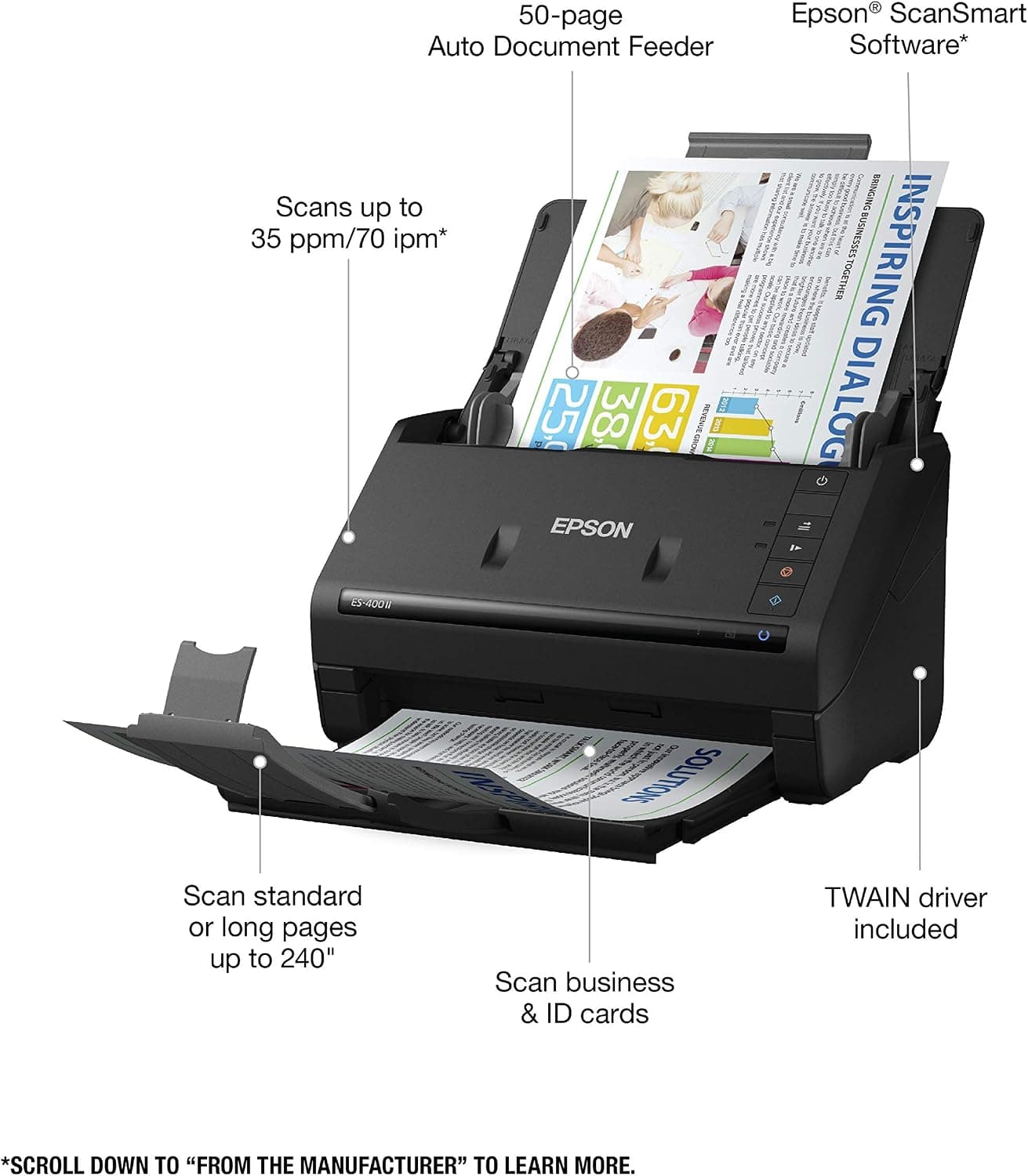 اسکنر اسناد رومیزی رنگی دورو Epson Workforce برای PC و Mac با تغذیه خودکار اسناد (ADF) مدل ES-400 II اسکنر اسناد رومیزی رنگی دورو Epson Workforce برای PC و Mac با تغذیه خودکار اسناد (ADF) مدل ES-400 II