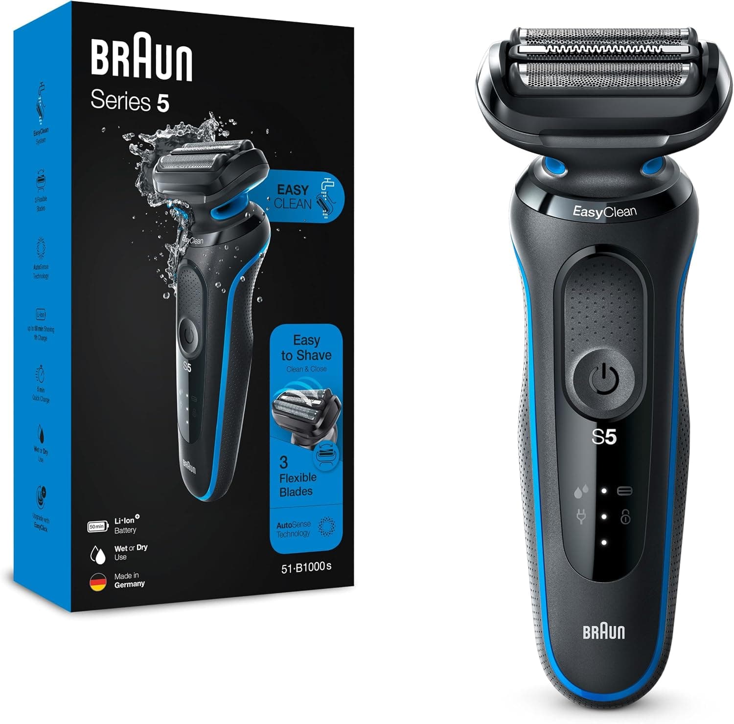 ریشتراش برقی Braun مدل Series 5 خشک و تر شارژی بیسیم توری با فناوری Auto Sense، 3 تیغه انعطافپذیر ضدآب آبی ریشتراش برقی Braun مدل Series 5 خشک و تر شارژی بیسیم توری با فناوری Auto Sense، 3 تیغه انعطافپذیر ضدآب آبی