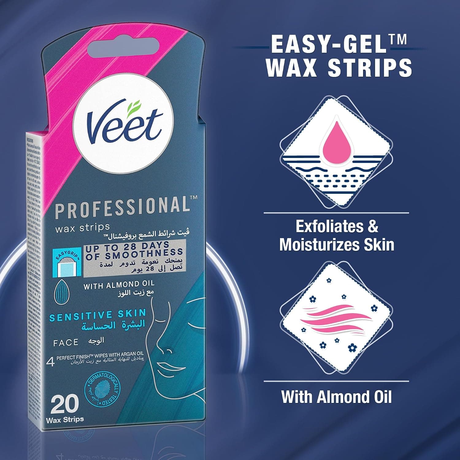 نوارهای موم موبر صورت Veet مناسب پوست حساس با روغن بادام، همراه دستمال پاککننده آرگان 20 عدد نوارهای موم موبر صورت Veet مناسب پوست حساس با روغن بادام، همراه دستمال پاککننده آرگان 20 عدد