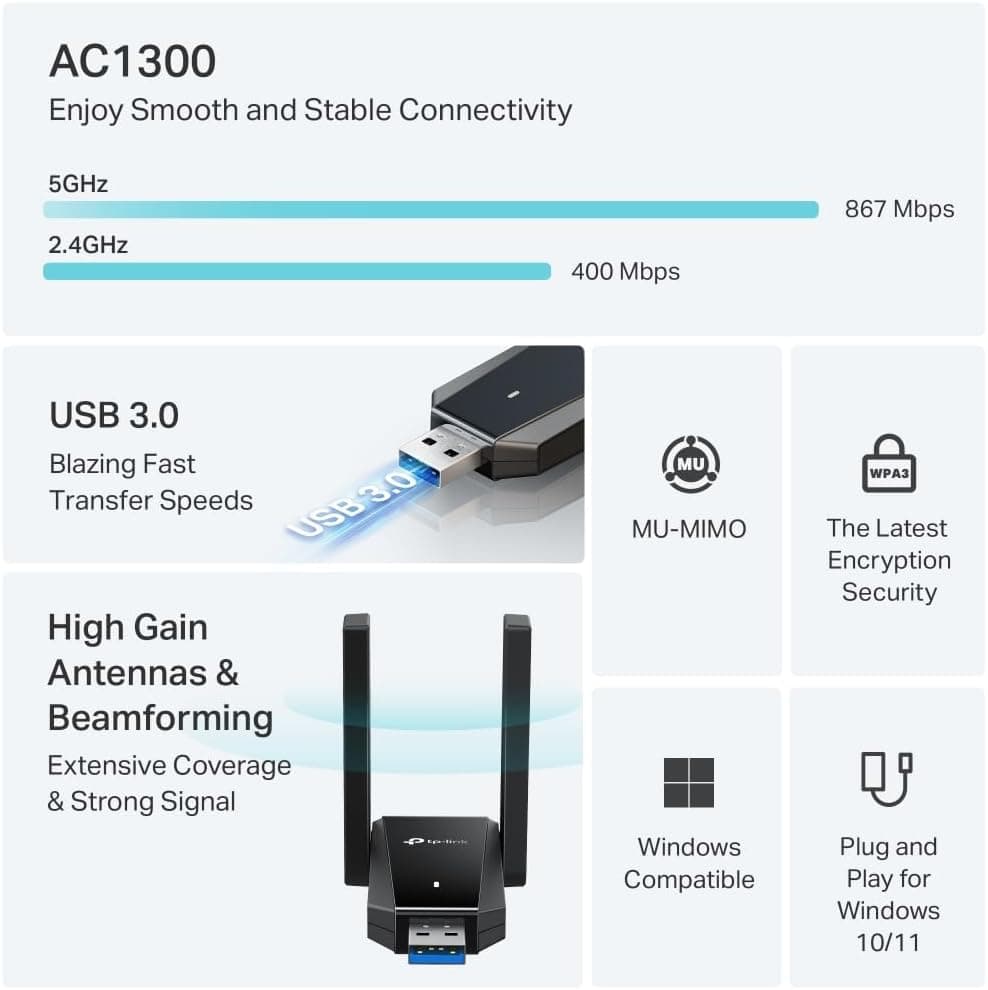 آداپتور وایفای USB دو بانده TP-Link AC1300 با آنتنهای پربهره مدل Archer T5U Plus آداپتور وایفای USB دو بانده TP-Link AC1300 با آنتنهای پربهره مدل Archer T5U Plus