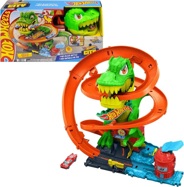ست مسیر مسابقه اسباببازی کودکان Hot Wheels City T-Rex Blaze Battle با ماشین آتشنشانی دایکست 1:64 و ارتفاع 18” ست مسیر مسابقه اسباببازی کودکان Hot Wheels City T-Rex Blaze Battle با ماشین آتشنشانی دایکست 1:64 و ارتفاع 18”
